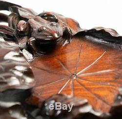 Huge Vintage-Antique 21.5 Hand Carved Asian Teak Serving Tray, Frog & Lily Pads
