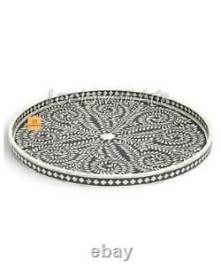 Indian Handmade Bone Inlay Large Round Serving Tray in Black