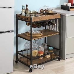 Industrial Style Serving Trolley Wood Shelving Unit Steel Frame Drinks Cart Tray