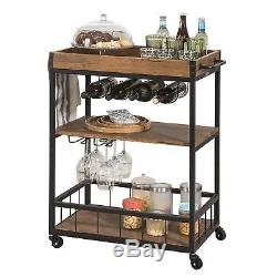 Industrial Style Serving Trolley Wood Shelving Unit Steel Frame Drinks Cart Tray