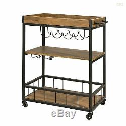 Industrial Trolley Wood Shelving Unit Style Serving Steel Frame Drinks Cart Tray