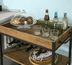 Industrial Trolley Wood Shelving Unit Style Serving Steel Frame Drinks Cart Tray