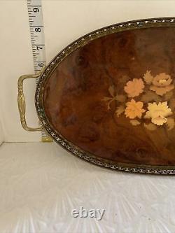 Inlaid Wood Serving Tray with Brass Trim and Handles Made in Italy Vintage