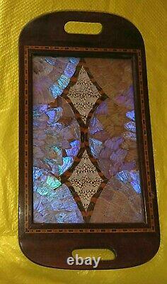 Iridescent BUTTERFLY WING Art Deco DECORATIVE Serving TRAY Wood Inlay ARTISAN