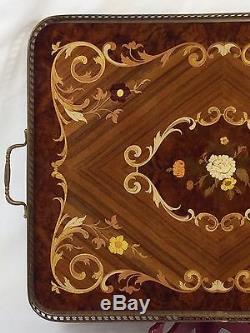 Italian Inlaid Marquetry LARGE 23 Serving Tray with Kingwood, Brass Edge Handles
