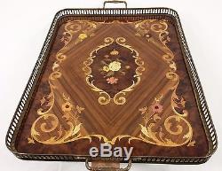 Italian Inlaid Marquetry LARGE 23 Serving Tray with Kingwood, Brass Edge Handles