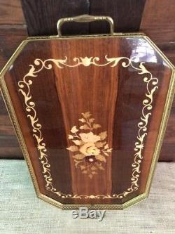 Italian Inlaid Wood Floral Brass Handles Serving Tray Made In Italy 21 Wooden