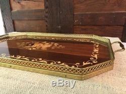 Italian Inlaid Wood Floral Brass Handles Serving Tray Made In Italy 21 Wooden