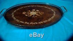 Italian Inlaid Wood Serving Tray with Brass Handles 21