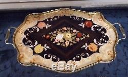 Italian Marquetry Serving Parlor Tray Inlaid Wood Floral withBrass Fillagree Rim