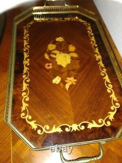 Italian Tray Inlaid Wood Floral Brass Handles Made In Italy 21 Wooden Serving