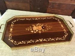 Italian Tray Inlaid Wood Floral Brass Handles Made In Italy 21 Wooden Serving