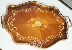 Italian Vintage Inlaid Wood Marquetry Serving Tray Brass & Foliage colors