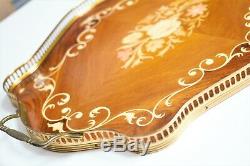 Italian Vintage Inlaid Wood Marquetry Serving Tray Brass & Foliage colors