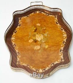 Italian Vintage Inlaid Wood Marquetry Serving Tray Brass Handles