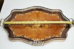 Italian Vintage Inlaid Wood Marquetry Serving Tray Brass Handles