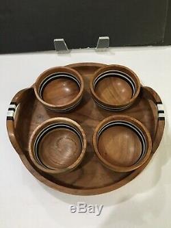 Juliska Stonewood Stripe 5 Piece Acacia Wood Appetizer Set Serving Tray & Bowls
