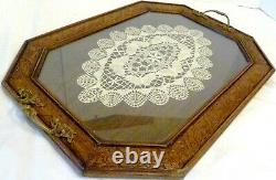 LARGE 24 ANTIQUE Victorian CARVED WOOD & Glass BUTLER TRAY Butterfly Needlework