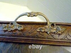 LARGE 24 ANTIQUE Victorian CARVED WOOD & Glass BUTLER TRAY Butterfly Needlework