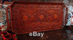 LARGE Antique English CARVED WOOD Serving Tea Coffee TRAY British Colonial