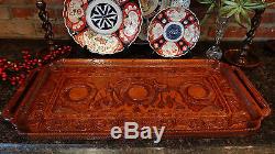 LARGE Antique English CARVED WOOD Serving Tea Coffee TRAY British Colonial