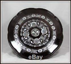 LOVELY Hand Carved Oriental Serving Tray with Mother of Pearl Inlay (17.5 W)