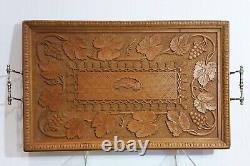 Large Antique Carved Wooden Serving Tray, Grapes, Thistles, Hands of Friendship
