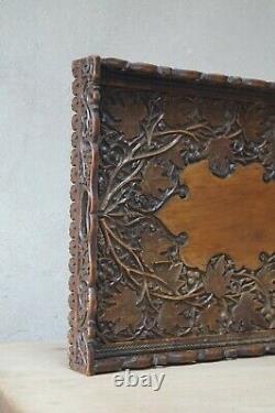 Large Antique Oriental Serving Tray Hand Carved Wood