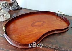 Large Antique Quality Edwardian Wood & Brass Butlers Serving Tray Shell Inlay