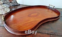 Large Antique Quality Edwardian Wood & Brass Butlers Serving Tray Shell Inlay
