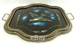 Large Antique/Vtg 21 Abalone Shell Glass Wood BIRD FLOWER Serving Tray Handles