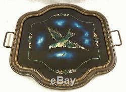 Large Antique/Vtg 21 Abalone Shell Glass Wood BIRD FLOWER Serving Tray Handles