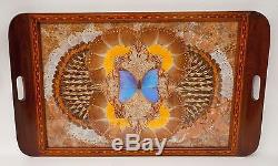 Large Brazilian Iridescent Butterfly Wing Art Serving Wood Tray Inlay Border 25
