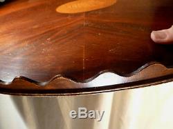 Large Edwardian Mahogany Veneer Inlaid Shell Scallop Oval Wood Serving Tray 26