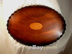 Large Edwardian Mahogany Veneer Inlaid Shell Scallop Oval Wood Serving Tray 26