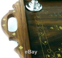 Large Hardwood Hand Made / Painted Tea Tray w Handles & Stieff Pewter Bud Vase