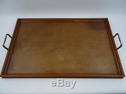 Large Oak Wooden Serving Butler Tray Brass Handles Gallery Sided