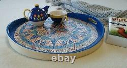 Large Ottoman Wooden Serving Coffee Table Breakfast Round Tray with handles
