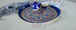 Large Ottoman Wooden Serving Coffee Table Breakfast Round Tray with handles