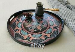 Large Ottoman Wooden Serving Coffee Table Breakfast Tea Round Tray with handles