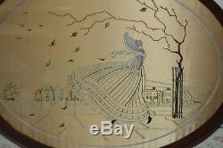 Large Oval Silk Embroidered Crinoline Lady Wooden Glass Serving Tray Art Deco