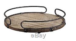 Large Round Rustic Natural Wood Serving Tray withBlack Metal Elevated Handles
