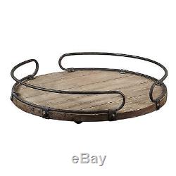 Large Round Rustic Wood Farmhouse Serving Tray withBlack Metal Elevated Handles