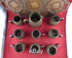 Lazer Carved Wood Leaf Cups Serving Tray withHandles Copper Lined Unique Lot of 10