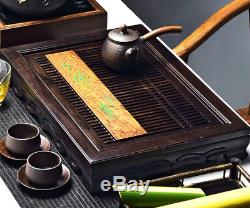 Limited stock ebony wood tea tray handpainted bamboo print drainage tea table