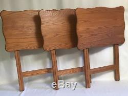 Lot Set of 3 Vintage 80's Solid Oak Wood Folding TV Trays Rectangle Curved EUC
