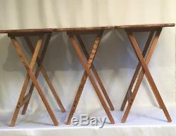 Lot Set of 3 Vintage 80's Solid Oak Wood Folding TV Trays Rectangle Curved EUC