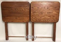 Lot Set of 4 Vintage 80's Solid Oak Wood Folding TV Trays Rectangle Natural EUC