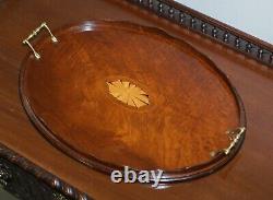 Lovely Antique Victorian Walnut & Bronze Sheraton Inlaid Butlers Serving Tray