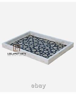 Luxury Hand Panted Bone Inlay Service Tray Black & White Serving Tray